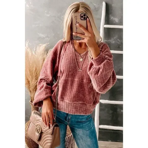 NWT Mauve Pink Chenille V-Neck Hoodie Slouchy Sleeve Relaxed Preppy Boho SZ M - Picture 7 of 7
